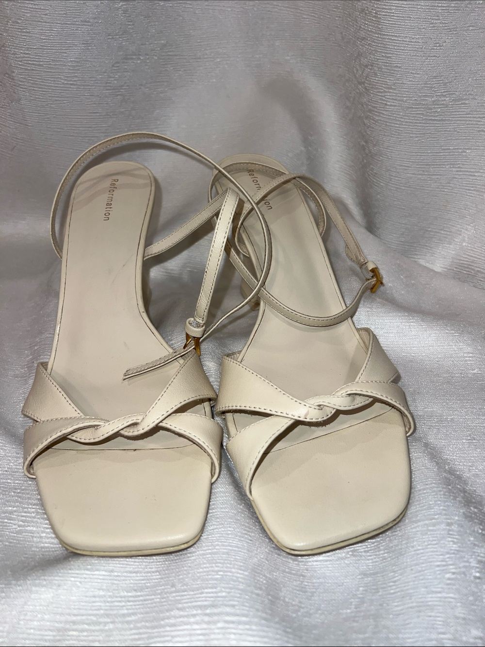 Reformation Margot 75MM Metallic Leather Wedge Sandals Cream Knot Front Heel SB9 - Picture 5 of 10